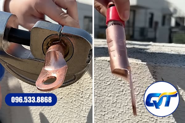 Kìm ép cos chuyên dụng đang ép đầu cos đồng vào dây cáp điện đúng kỹ thuật