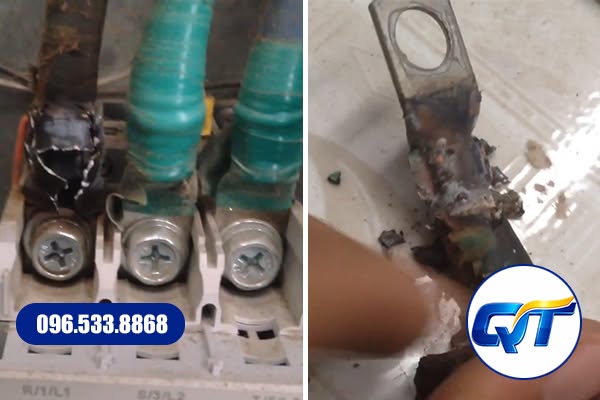 Mối nối đầu cos trong tủ điện bị phát nhiệt gây cháy, ám đen và bong lớp băng keo